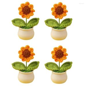 Decoratieve bloemen 4 stuks mini gehaakte zonnebloem potplanten geel nep gebreid met pot handgemaakt kunstmatig voor autoornamenten