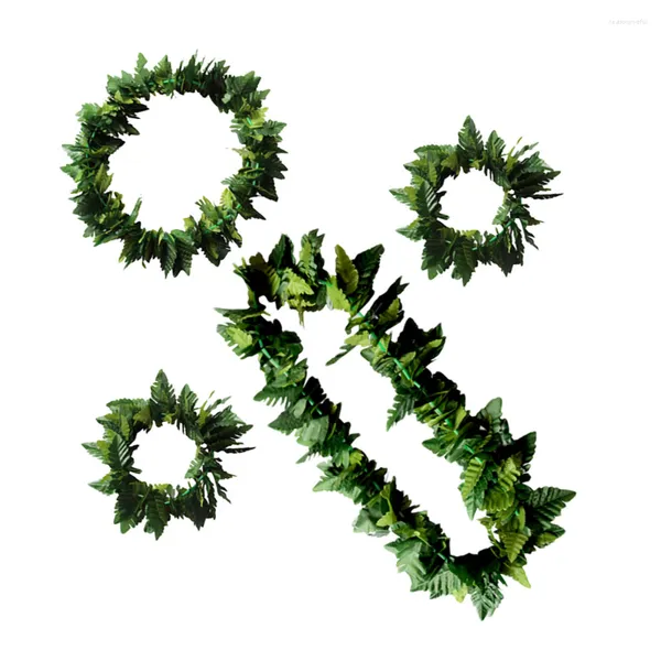 Fleurs décoratives 4 pièces collier ensemble vert Ti feuille Hula hawaïen jupe Leis Kits guirlande feuilles maquillage Banquet