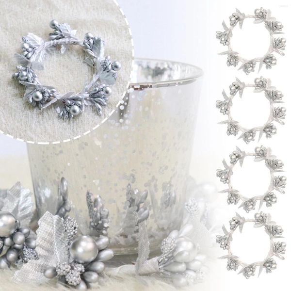Fleurs décoratives 4 pièces, anneaux de bougies pilier, couronnes de gui artificiel avec accents de perles, Mini décoration florale avant