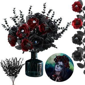 Decoratieve bloemen 40 pc's Halloween kunstmatige bloedige zwarte rozen met faux oogbol Rose Spiders Eucalyptus stengels