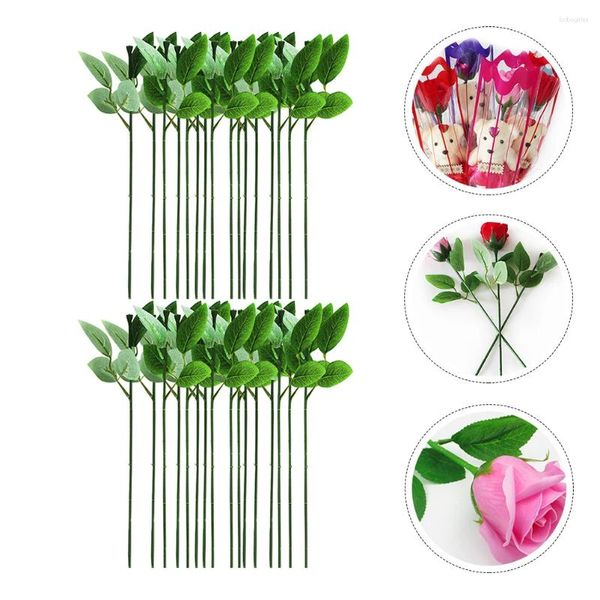 Fleurs décoratives 40 pcs rose tige artisanat floral wire mariage guirland feuilles vertes matériaux faits à la main bouquet de bricolage en plastique