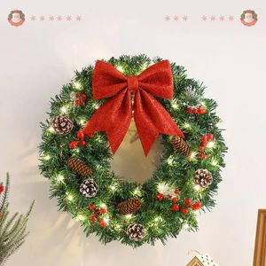 Decoratieve bloemen 40 cm kerstkrans voor deur met lichten Jaar dennenbekleding Berry Spruce Red Ribbon Bow Navidad Decoratie