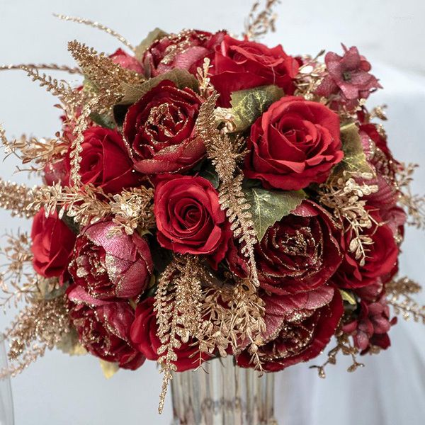 Fleurs décoratives 40 cm Feuilles d'or de luxe Rouge Rose Champagne Fleur rose Centres de table de mariage Boule florale Banquet Événement Accessoires de fête