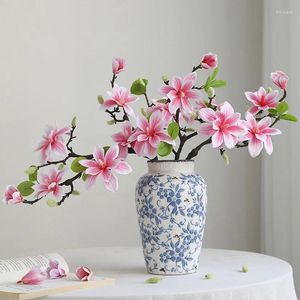 Fleurs décoratives 40 cm Simulation réelle Simulation Magnolia Fleur avec feuilles Arrangement de style chinois Art Blossom Branch Home Decor