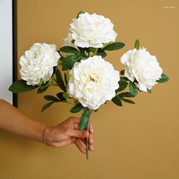 Fleurs décoratives 40cm Rose Rose blanc soie pivoine Bouquet artificiel 5 grandes têtes faux pour la décoration de mariage à la maison intérieure