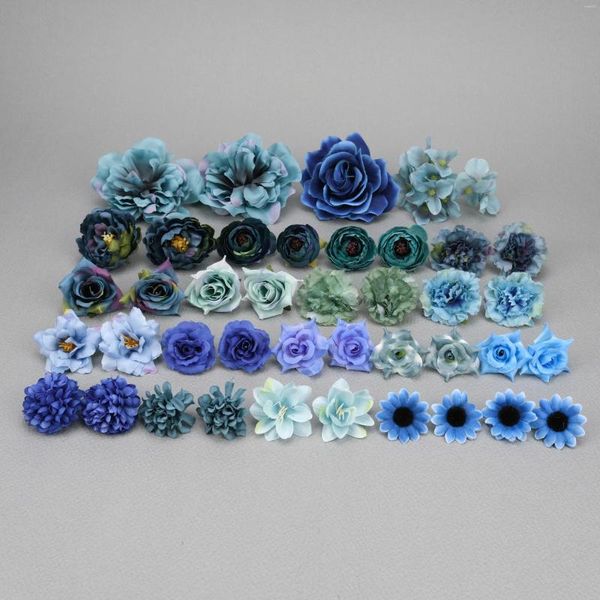 Fleurs décoratives 40 pièces bleu Royal tête de fleur en soie artificielle en vrac faux pour bricolage création pince à cheveux couronne décor