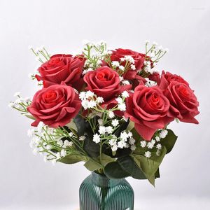 Fleurs décoratives 41 cm Rose Rouge Soie Artificielle Bouquet Haute Qualité Faux Pour La Maison De Mariage Décoration Intérieure