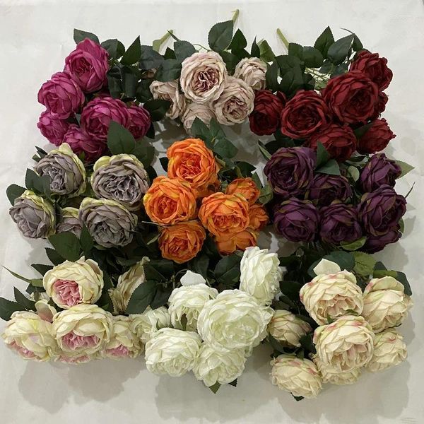 Fleurs décoratives 44 cm artificielles 9 fourchettes bouquet de roses françaises avec arrangement de fleurs de rue de mariage multicolore décoration intérieure