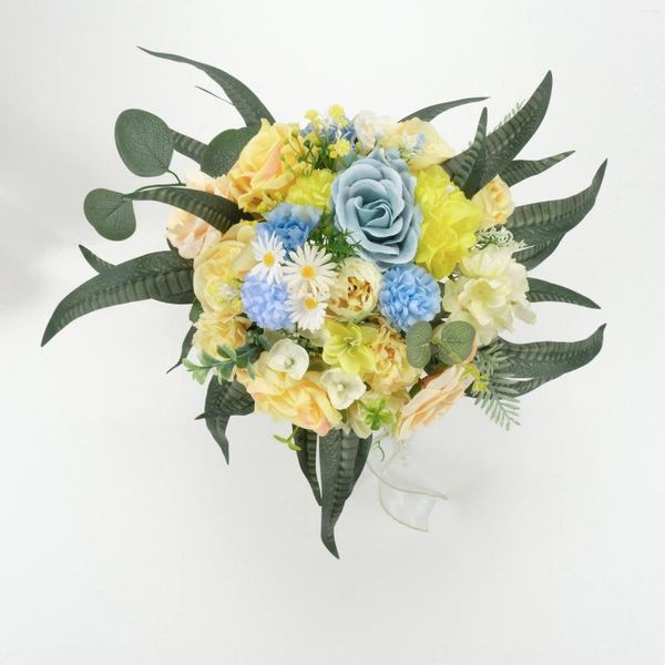 Fleurs décoratives 44P jaune bleu tête de fleur de soie artificielle Eucalyptu verdure matériel paquet Combo ensemble pour bricolage fête de mariage mariée