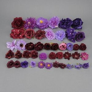 Fleurs décoratives 44 pièces accessoires de têtes de fleurs en soie artificielle rose ensemble combiné pour l'artisanat mural de couronne en épingle à cheveux faire des accessoires d'ornement