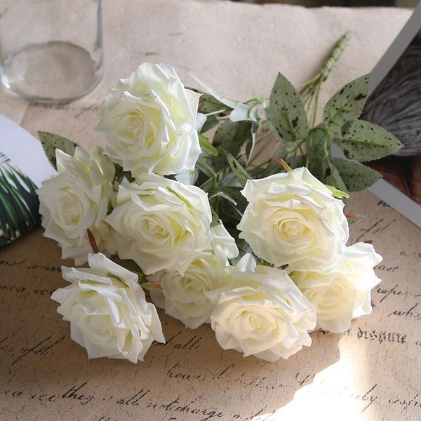 Fleurs décoratives 45cm longue branche Bouquet belles roses en soie blanche artificielle mariage maison table décor organiser fausse fleur