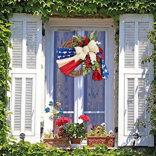 Fleurs décoratives 45 cm Couronne pour le jour de l'indépendance patriotique et 4 juillet décorations intérieures rouges bleu rouges artificielles de plage couronnes avant