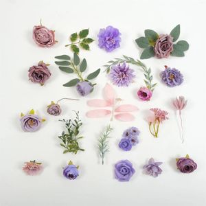 Fleurs décoratives 46pcs Mix Purple Artificial Silk Flower Head Greenery Kit 1pack Faux DIY Crafts Couronne Garland Decor