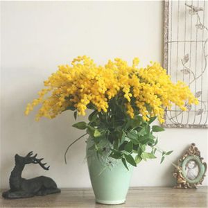 Fleurs décoratives 48 cm Artificielle Jaune Mimosa Jungle Tropicale Plantes Branche Faux Feuilles En Plastique Faux Flocage Bouquet Pour Bureau À Domicile