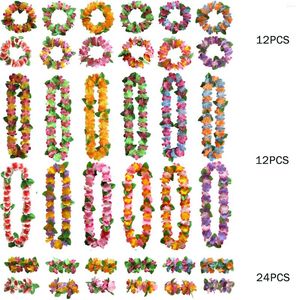 Flores decorativas 48pcs Outfit Holiday Colorful Garland Collar Cadenas artificiales Decoraciones para fiestas Tropical Hawaiian Lei Pulseras de tela