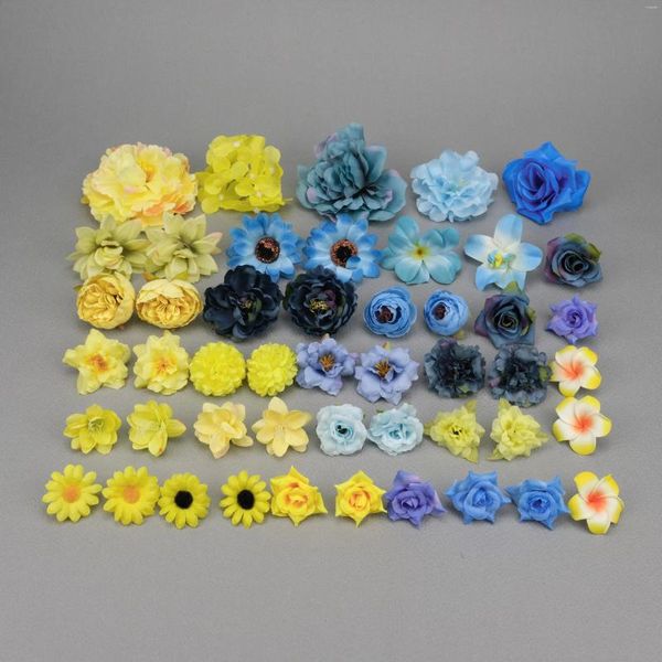 Fleurs décoratives 48pcs jaune tête de fleur de soie artificielle combo ensemble en vrac pour bricolage porte d'entrée guirlande couture décor fausse rose