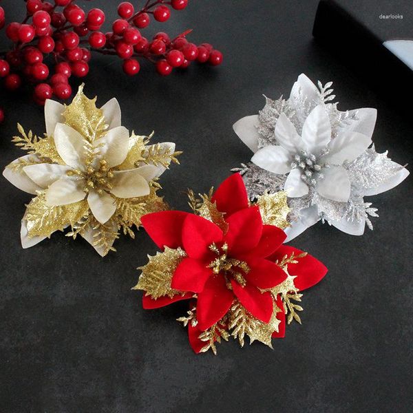 Fleurs décoratives 4 pièces 13cm, paillettes artificielles, ornements d'arbre de noël, décorations de joyeux pour cadeau de l'année de la maison