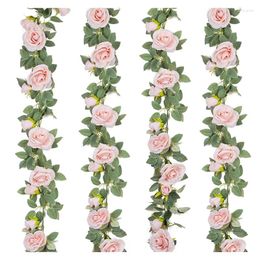 Decoratieve Bloemen 4 Stuks (26 FT) Kunstmatige Rose Vine Nep Bloemenslinger Zijde Roze Hangend Voor Bruiloft Feest Boog Tuin