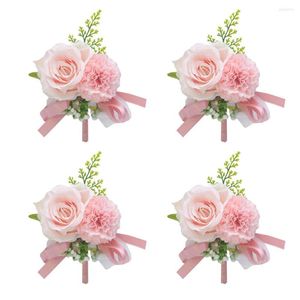 Flores decorativas 4 piezas flor artificial hecha a mano Boutonniere cinta broche moda encantador ramilletes novio ceremonia ramo