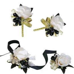 Fleurs décoratives 4pcs Décoration à la main Corsage durable et boutonnière ensemble ruban à main anniversaire élégant fleur de rose artificielle