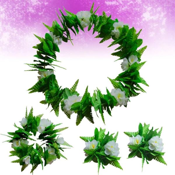 Fleurs décoratives 4 pièces en 1 ensemble guirlande de fête hawaïenne blanche feuilles de fleurs artificielles bandeau collier bracelet plage tropicale Luau fantaisie