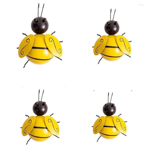 Flores decorativas 4PCS Metal Bumble Bee Decoración de pared Escultura de arte del hierro 3D Decoraciones colgantes para el hogar al aire libre