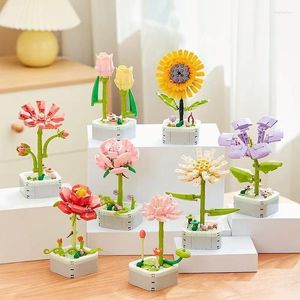 Fleurs décoratives 4pcs mini-bonsaï bloc de construction fleur fleur diy kit créatif kit jouet abs potted plante