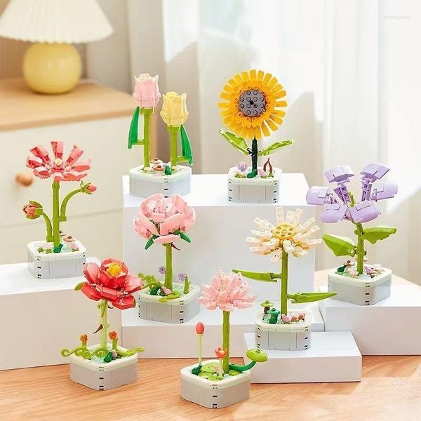 Flores decorativas 4pcs mini bonsai construyendo bloques de flores kit creativo kit juguete de juguete ensamblaje de planta en maceta adorno de navidad regalo de Navidad