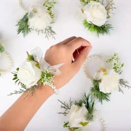 Fleurs décoratives 4 pièces/ensemble demoiselle d'honneur Faux Rose Bracelet mariage poignet Corsage Polyester ruban perle arc cadeaux de mariée fournitures de fête à la main