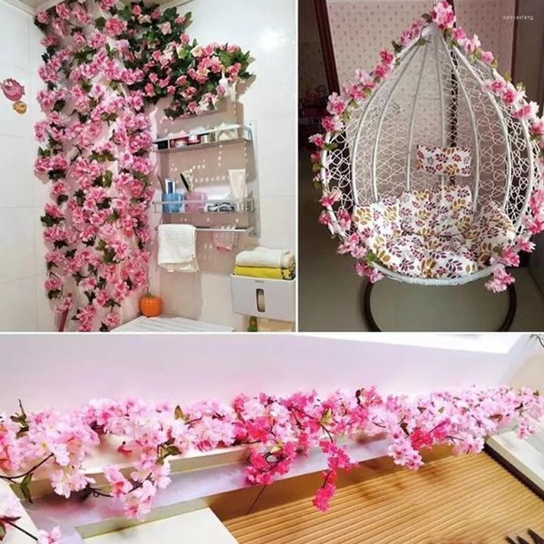 Flores decorativas 4 piezas Guirnalda de flores de cerezo de imitación Vid de flores de seda Fácil de limpiar Interior o exterior Respetuoso del medio ambiente