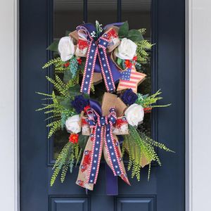 Fleurs décoratives 4 juillet guirlande artificielle patriotique rouge blanc bleu nœud papillon rotin jour de l'indépendance guirlande suspendue pour porte d'entrée