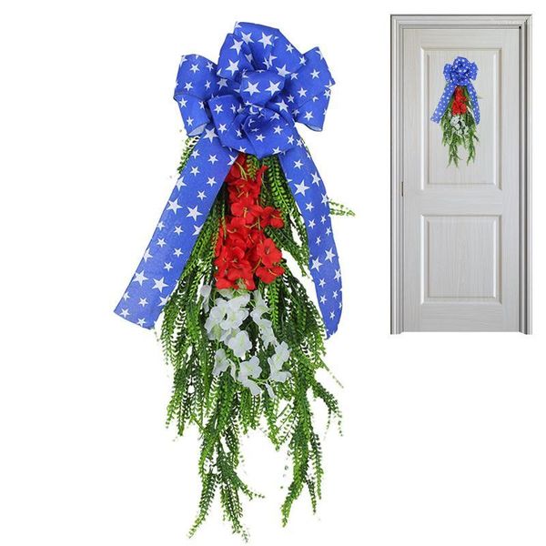 Fleurs décoratives guirlande du 4 juillet pour décorations de porte d'entrée patriotiques étoiles rouges blanches et bleues fleur artificielle
