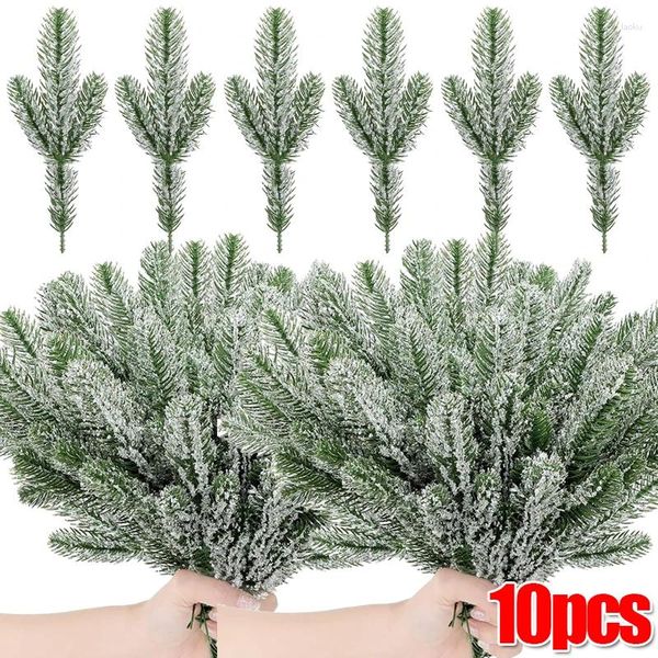 Flores decorativas 5/10 piezas agujas de pino artificial ramas navidad nieve nieve esmaltada plantas falsas ramitas de bricolaje de bricolaje jardín doméstico