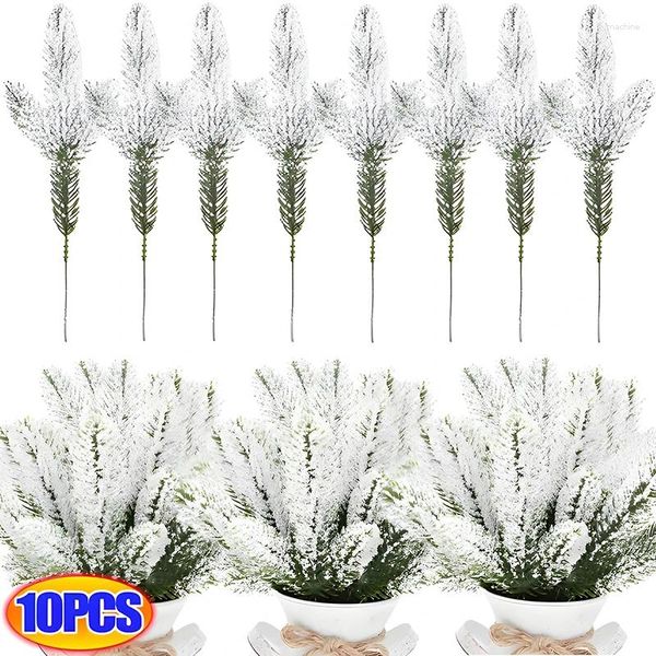 Flores decorativas 5/10 Uds. Agujas artificiales de rama de pino de nieve planta falsa decoración navideña guirnalda para regalos de año en casa