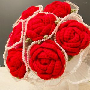 Bouquet de fleurs décoratives en Crochet, 5/10 pièces, roses tricotées, décor de salle de mariage, ornement de fête, cadeau de saint-valentin fait à la main