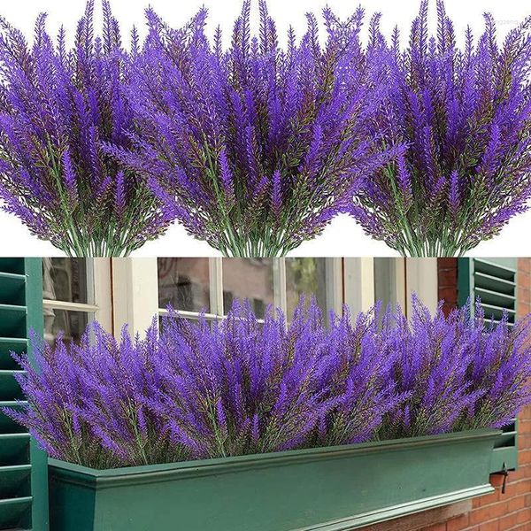 Flores decorativas 5/12 piezas de lavanda artificial falsa vegetación falsa para interior al aire libre resistente a los rayos UV jardín porche ventana decoración del banquete de boda