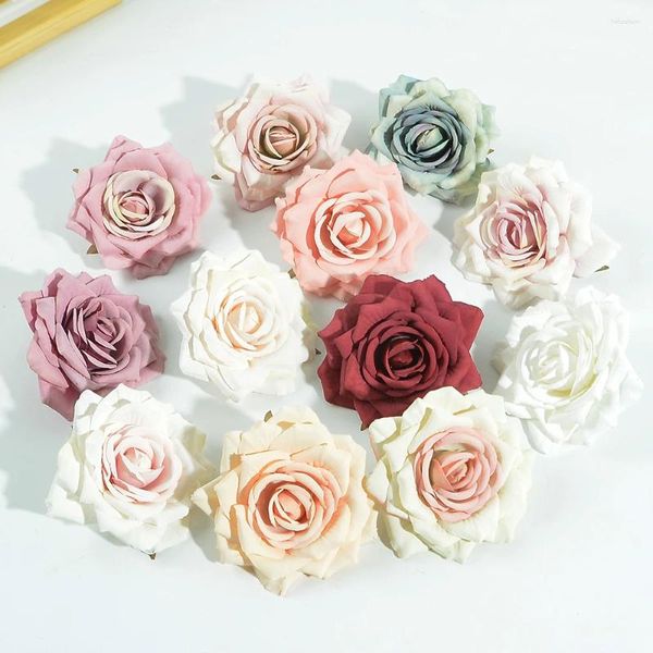 Flores decorativas 5/20 piezas 10 CM rosa de seda cabeza de flor artificial para boda hogar novia broche DIY corona caja de dulces decoración de pasteles Navidad