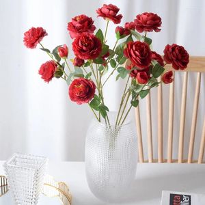 Fleurs décoratives 5 branches rouges rose pivoine artificielle de mariage artificiel table de table de table en soie de la Saint-Valentin Bouquet