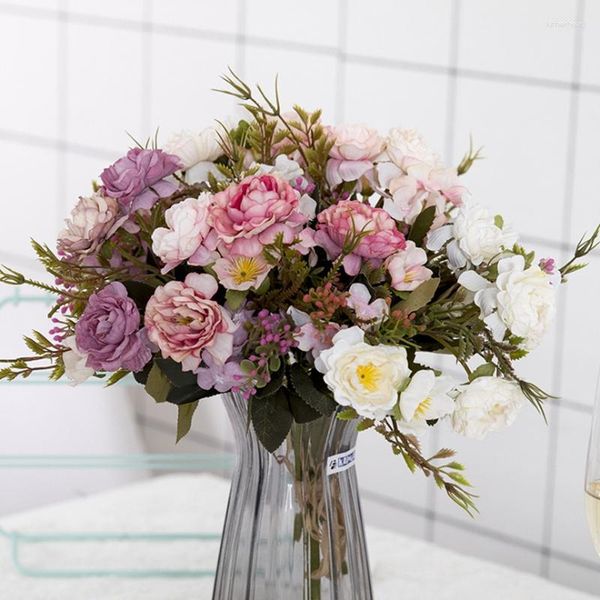 Bouquet de petites pivoines artificielles, 5 fourchettes, fleurs décoratives, couronnes de plantes de mariage, Vases pour accessoires de décoration de maison