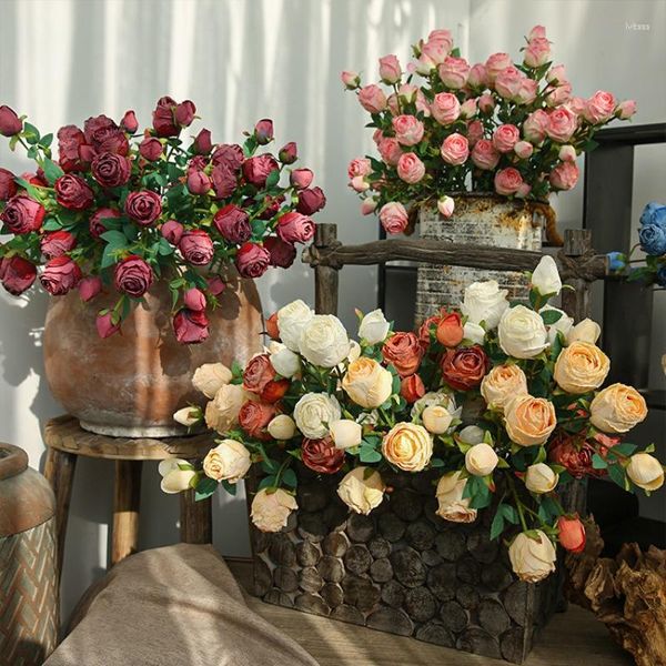 Flores decorativas de 5 cabezas con borde quemado, decoración de flores de seda rosa, ramo de novia artificial para el hogar, arreglo de fiesta de boda falso