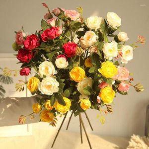 Decoratieve bloemen 5 kop zijden camellia roze kunstmatige lange plastic stengel bruiloft weg lood faux stof nep bloemen huisdecoratie