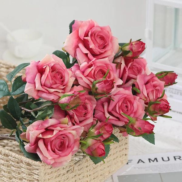 Fleurs décoratives 5 têtes Bouquet de rose artificiel Simulation de soie fleur de soie DIY GADEAU DE Valentin de la Saint-Valentin décoration de fête de mariage