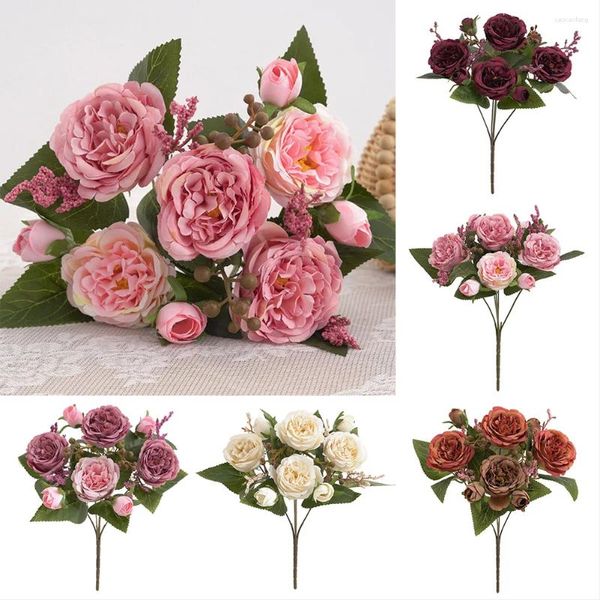 Fleurs décoratives 5 têtes Bouquet de pivoine de soie artificielle Fake Rose Wedding Home Party Decor Art DIY ORNAMENT DÉCoration de la salle