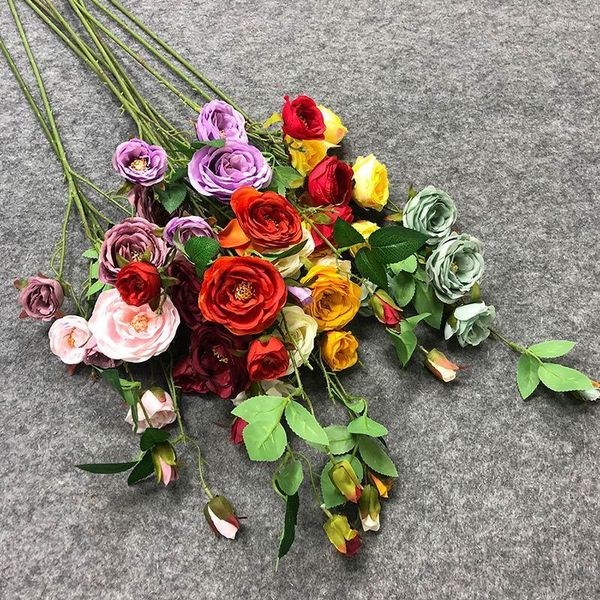 Fleurs décoratives 5 têtes Roses fond de mariage Rose fleur décoration Simulation Table commerce extérieur photographie soie