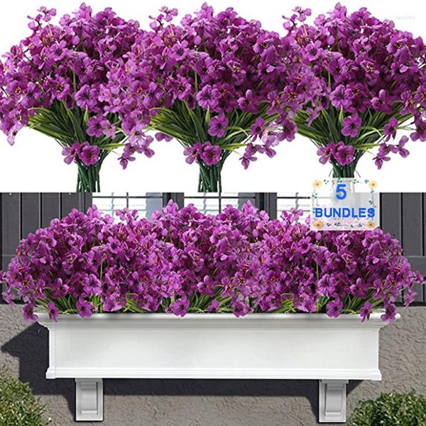 Fleurs décoratives 5 têtes/ensemble violet réaliste artificiel pour la décoration extérieure, fausses plantes résistantes aux UV, décoration de mariage pour porche extérieur