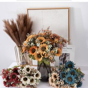 Flores decorativas 5 uds 6 cabezas ramo de girasoles artificiales a juego y hierba para el hogar boda novia con decoración Floral