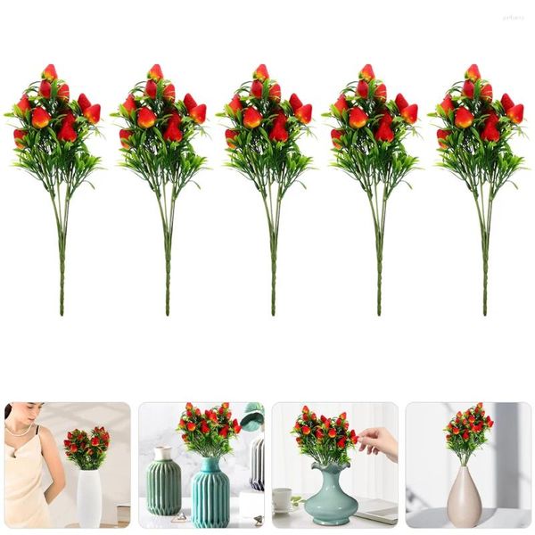 Fleurs décoratives 5 pièces simulées fraises salon décoration Bouquet tiges plante bureau artificiel faux Fruits Branches Pvc