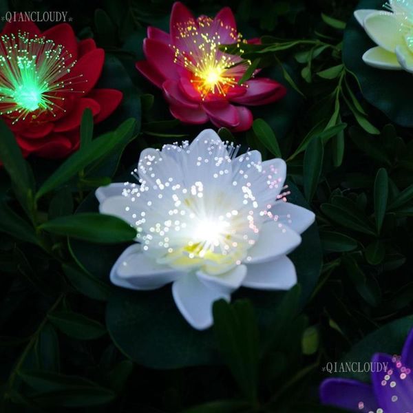 Flores decorativas 5 piezas blanco artificial LED fibra óptica impermeable falso estanque luz loto hoja lirio color boda flotante D30