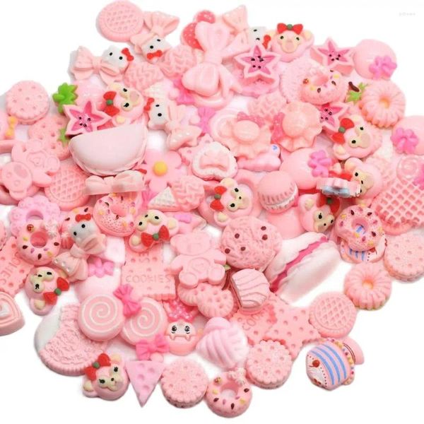 Fleurs décoratives 50/100 pièces, assortiment de breloques en résine rose, mélange de bonbons, animaux, perles de cabochon à dos plat pour bricolage, Scrapbooking, coque de téléphone