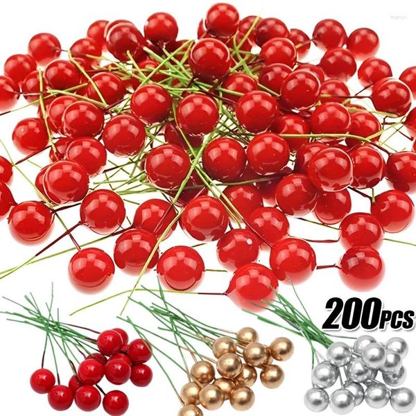 Flores decorativas 50/200 piezas de bayas artificiales, estambre de cereza, mini cuentas de perlas de bayas de acebo falsas para decoración de corona de árbol de Navidad DIY